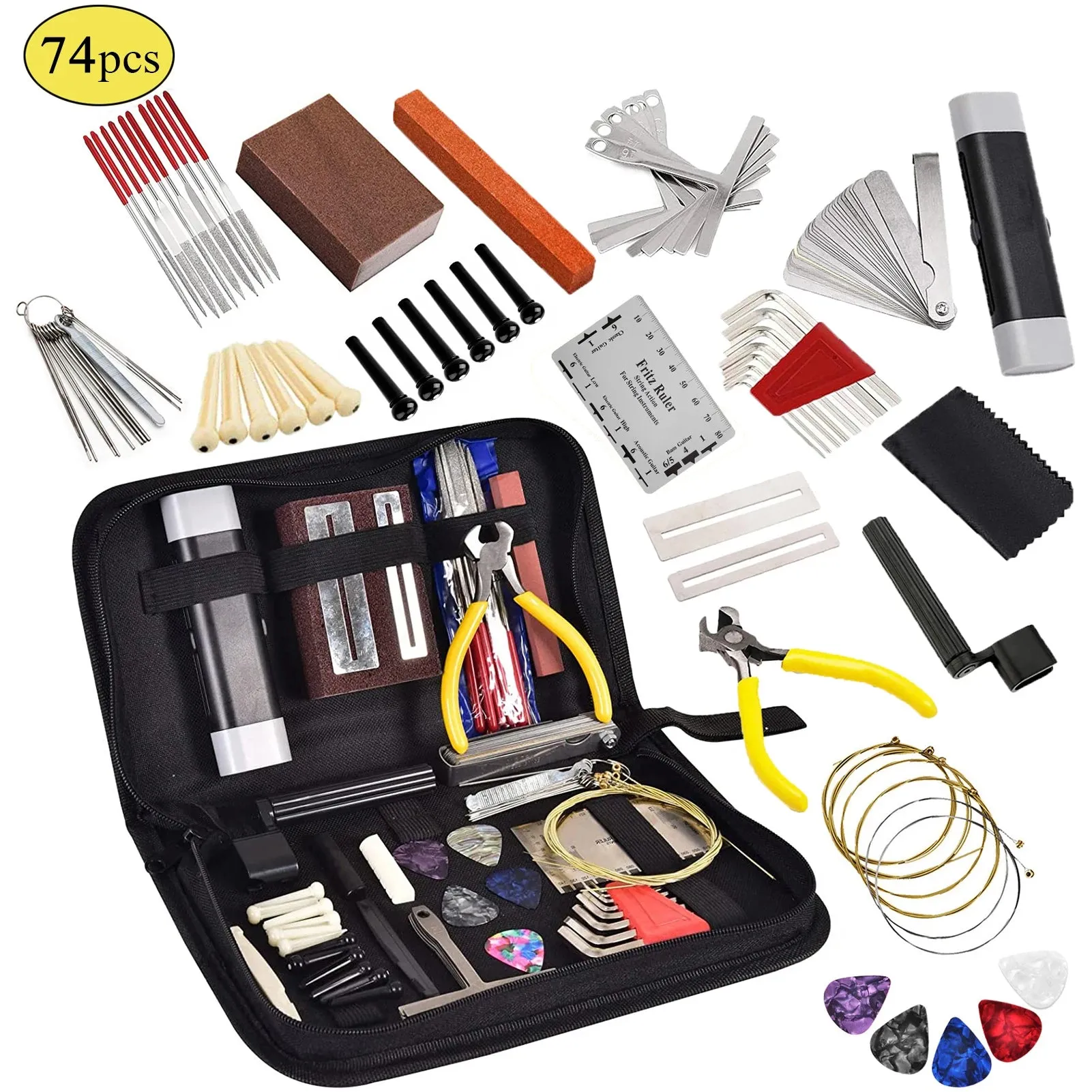 16/57/74pcs Guitar Tool Kit with Carry Bag Repair Tools String Action Ruler Luthier File Guitar Bridge Pins for Guitar Ukulele
