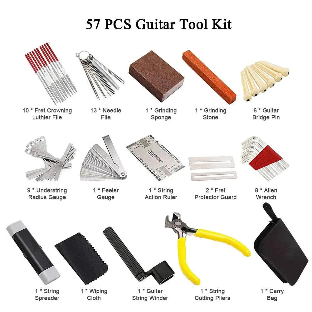 16/57/74pcs Guitar Tool Kit with Carry Bag Repair Tools String Action Ruler Luthier File Guitar Bridge Pins for Guitar Ukulele