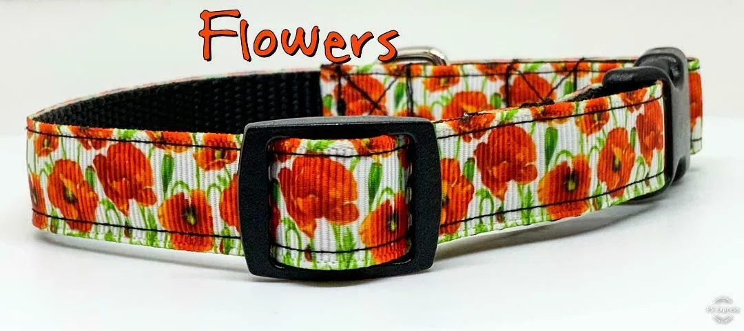 Flowers dog collar handmade adjustable buckle collar 5/8" wide or leash fabric Petcollarshandmade